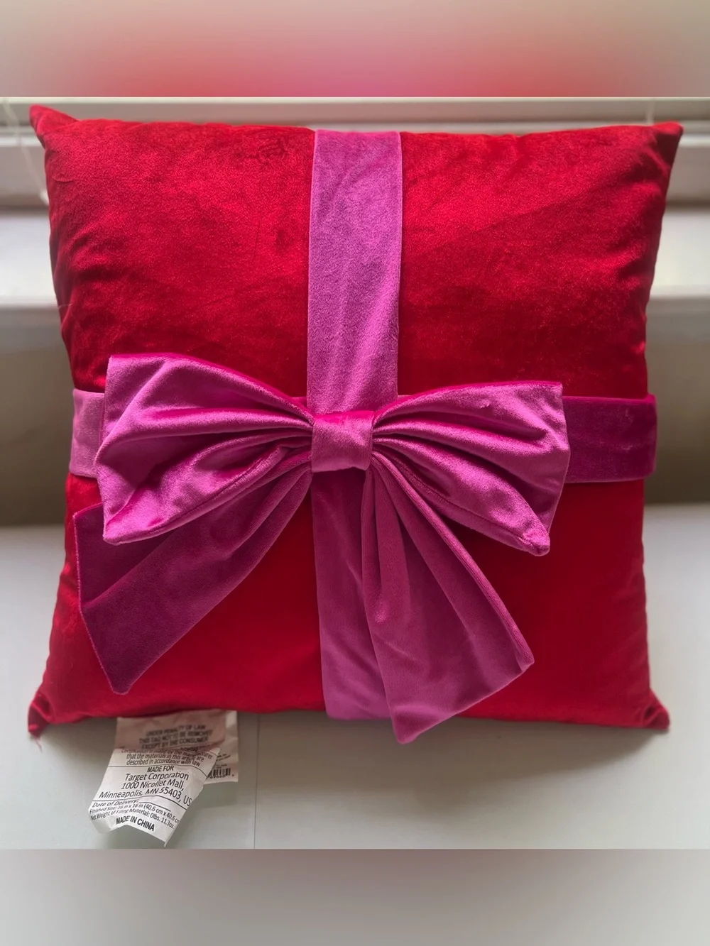 NWOT—16-Inch Christmas Red Square Pillow with Hot Pink Bow from Wondershop